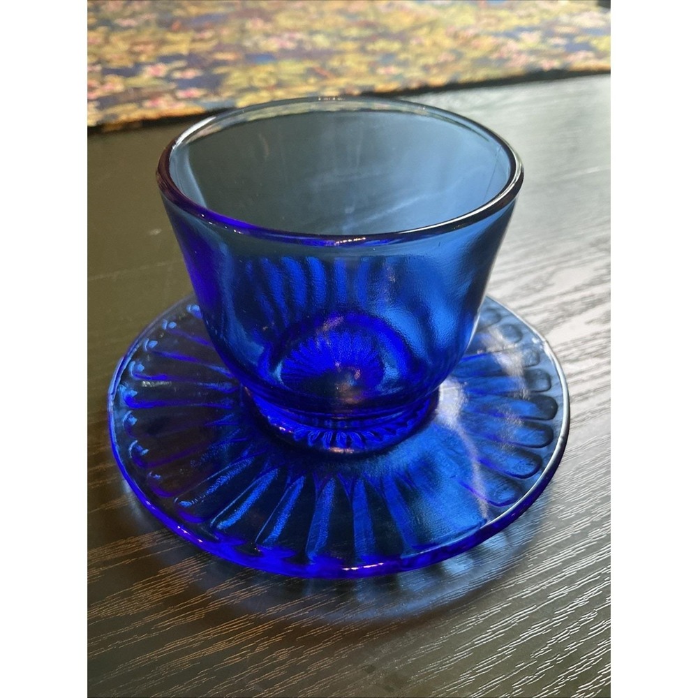Vintage Cobalt Blue Macbeth-Evans Glass Condiment Bowl w/Attached Underplate